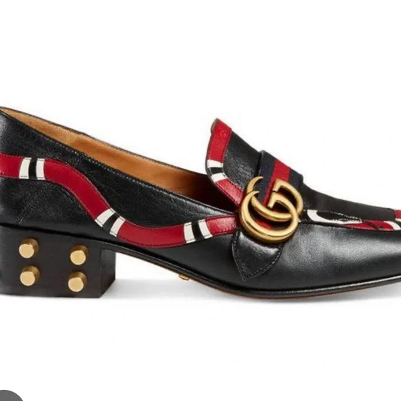 Gucci Women's Yoko Snake Black and Red Leather Loafers - Picture 2 of 7